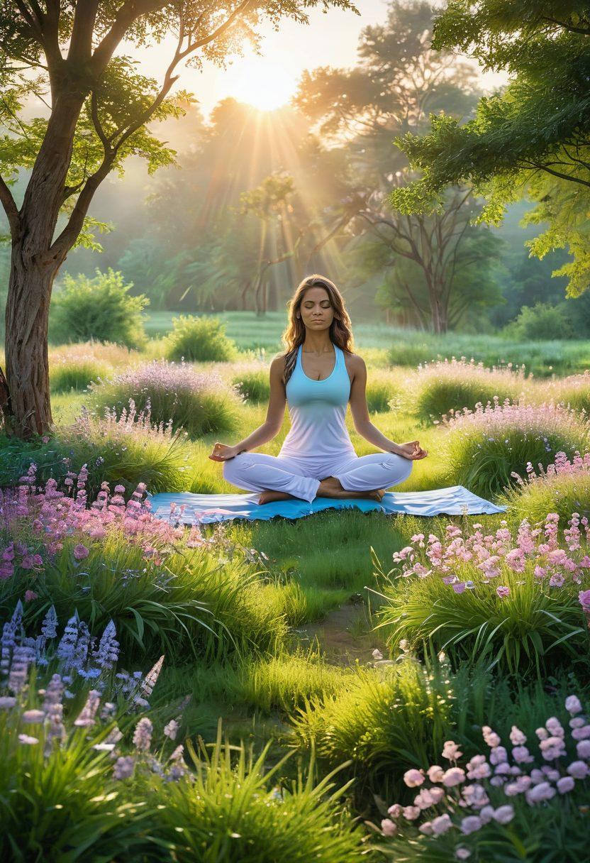 A serene landscape featuring a sun rising over a field of blooming flowers, with gentle rays of light illuminating the scene. Include cheerful individuals practicing yoga, laughing, and meditating amidst nature. Soft pastel colors to evoke feelings of tranquility and happiness. Art style reminiscent of a watercolor painting.