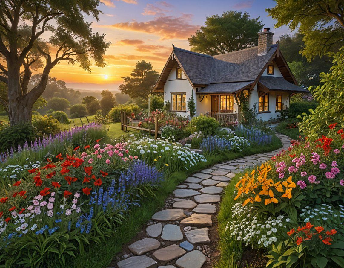 A serene landscape depicting a journey from a vibrant sunrise representing elation to a calm sunset symbolizing contentment. Include a winding path lined with lush greenery and blooming flowers, leading towards a cozy cottage in the distance, emitting soft warm light. In the foreground, a person peacefully meditating, surrounded by gentle butterflies, radiating positivity and tranquility. vibrant colors. peaceful atmosphere. 3D.