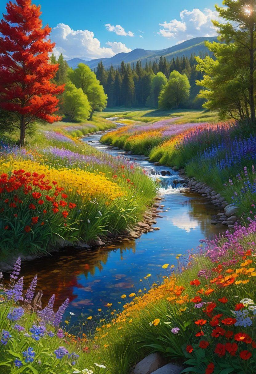 A serene landscape featuring a sunlit meadow filled with colorful wildflowers, a gentle stream flowing through, and a diverse group of joyous people engaging in cheerful activities like laughing, playing, and meditating. The sky is a brilliant blue with soft, fluffy clouds, symbolizing freedom and positivity. Elements of nature like butterflies and birds add a sense of peace and connection. super-realistic. vibrant colors. natural setting.